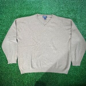 Lands End 100%  LambsWool Sweater Tan Beige V Neck Pullover Long Sleeve Men XL